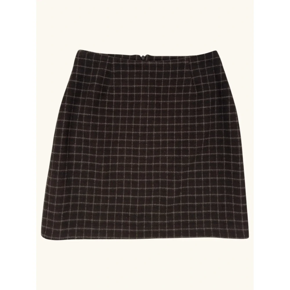 Old Navy Brown Plaid Wool Blend Mini Skirt Windowpane Check A-Line Lined 4